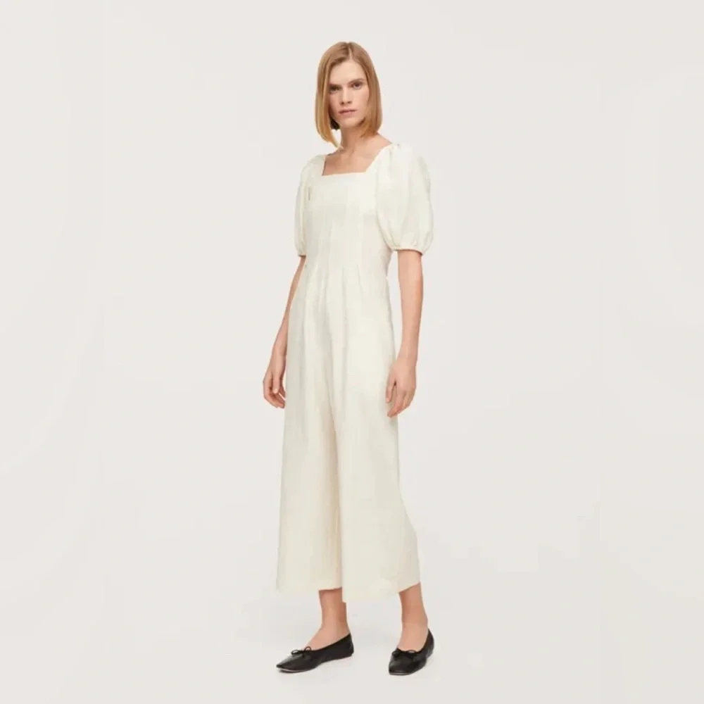 MNG Mango puff sleeve cotton long jumpsuit, cream viscose/cotton/linen blend - Picture 3 of 17